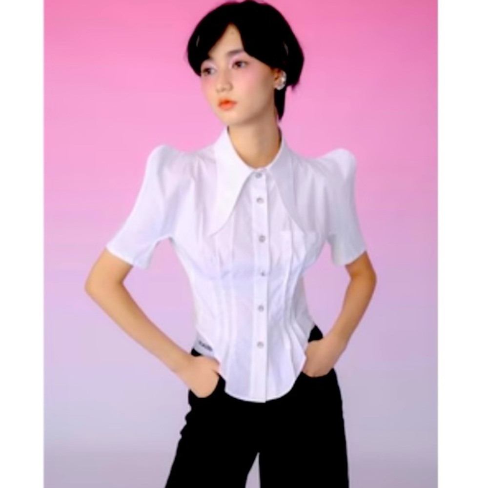 Mukzin slim button down, puff sleeve